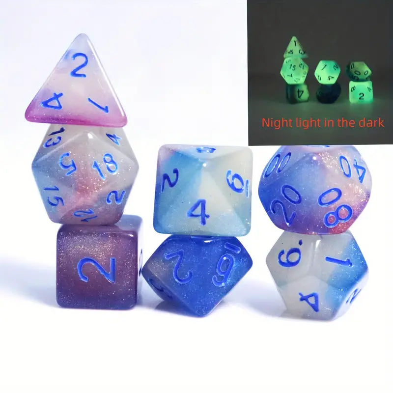 Acrylic Dice Set Purple Blue White Glow in the Dark