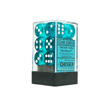 Picture of the Dice: 12 Teal w/white Translucent 16mm D6 Dice Block (12) - CHX23615