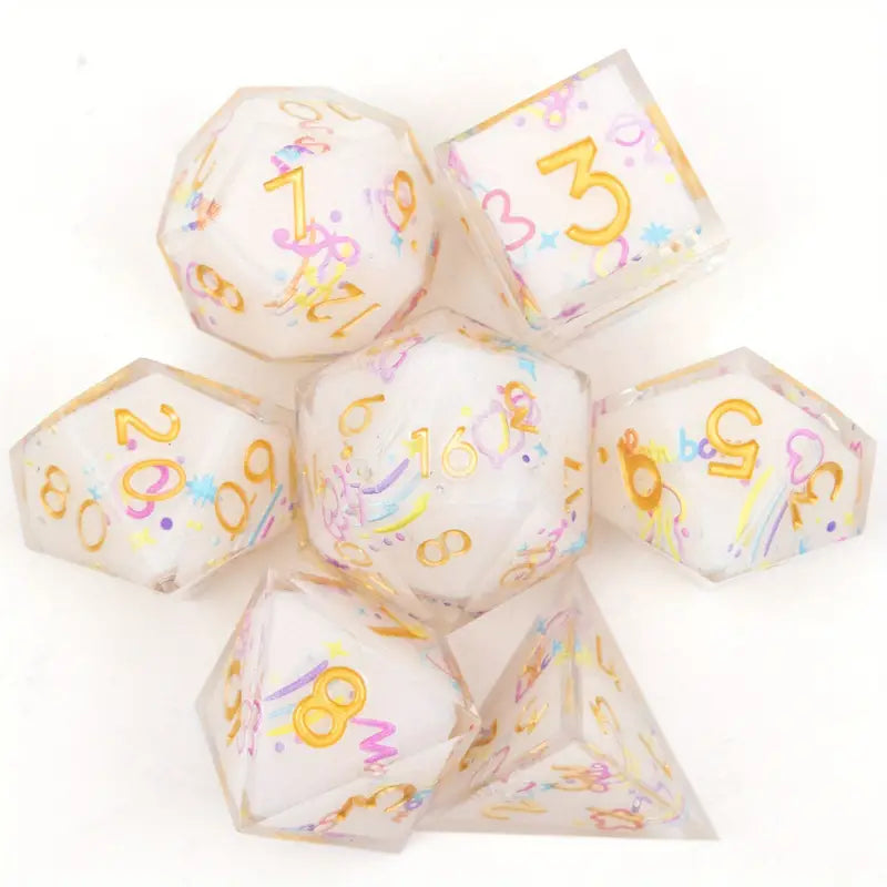 Resin Sharp-Edged Dice Set White with Rainbow Embellishments