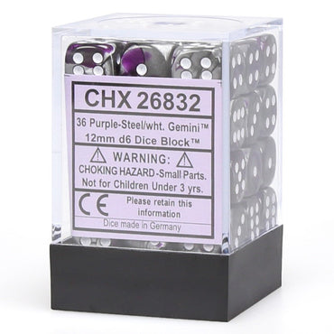 Picture of the Dice: 36 Purple-Steel /white Gemini 12mm D6 Dice Block (12) - CHX26832