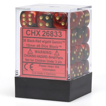 Picture of the Dice: 36 Black-Red w/gold Gemini 12mm D6 Dice Block (12) - CHX26833