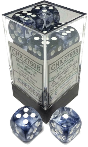 Picture of the Dice: 12 Black w/white 16mm D6 Nebula Dice Block (12) - CHX27608