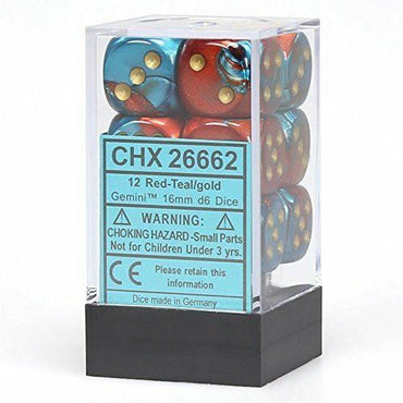 Picture of the Dice: Gemini Red-Teal / Gold 12 Dice Set 16mm D6 - CHX26662