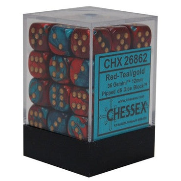 Picture of the Dice: 36 Gemini Red-Teal/gold 12mm d6 Dice Block (12) - CHX26862