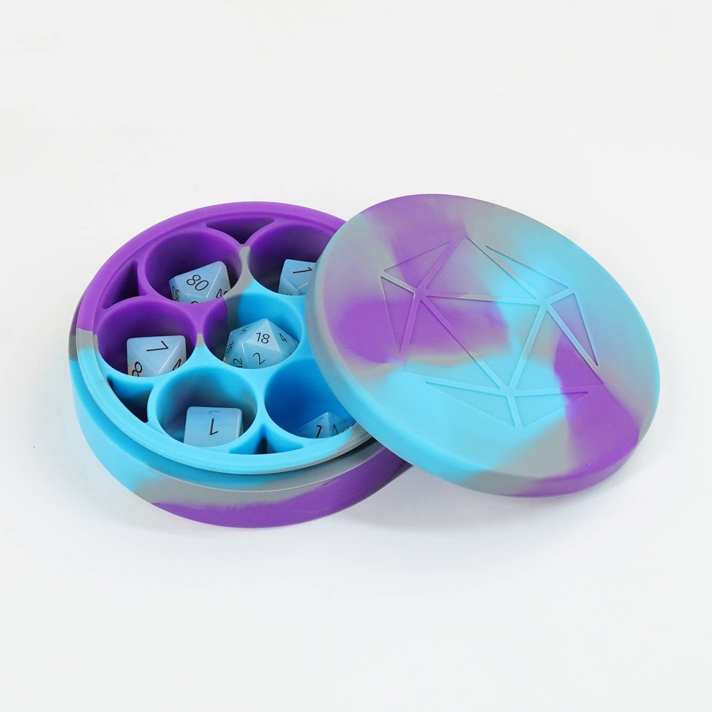 UNIQUE Round Silicone Dice Case (4 Colors): Blue and Turquoise Swirl