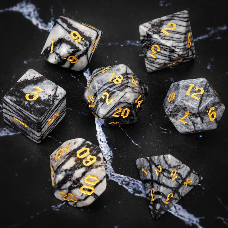 Gemstone Dice Set Marbled Black and White Limestone