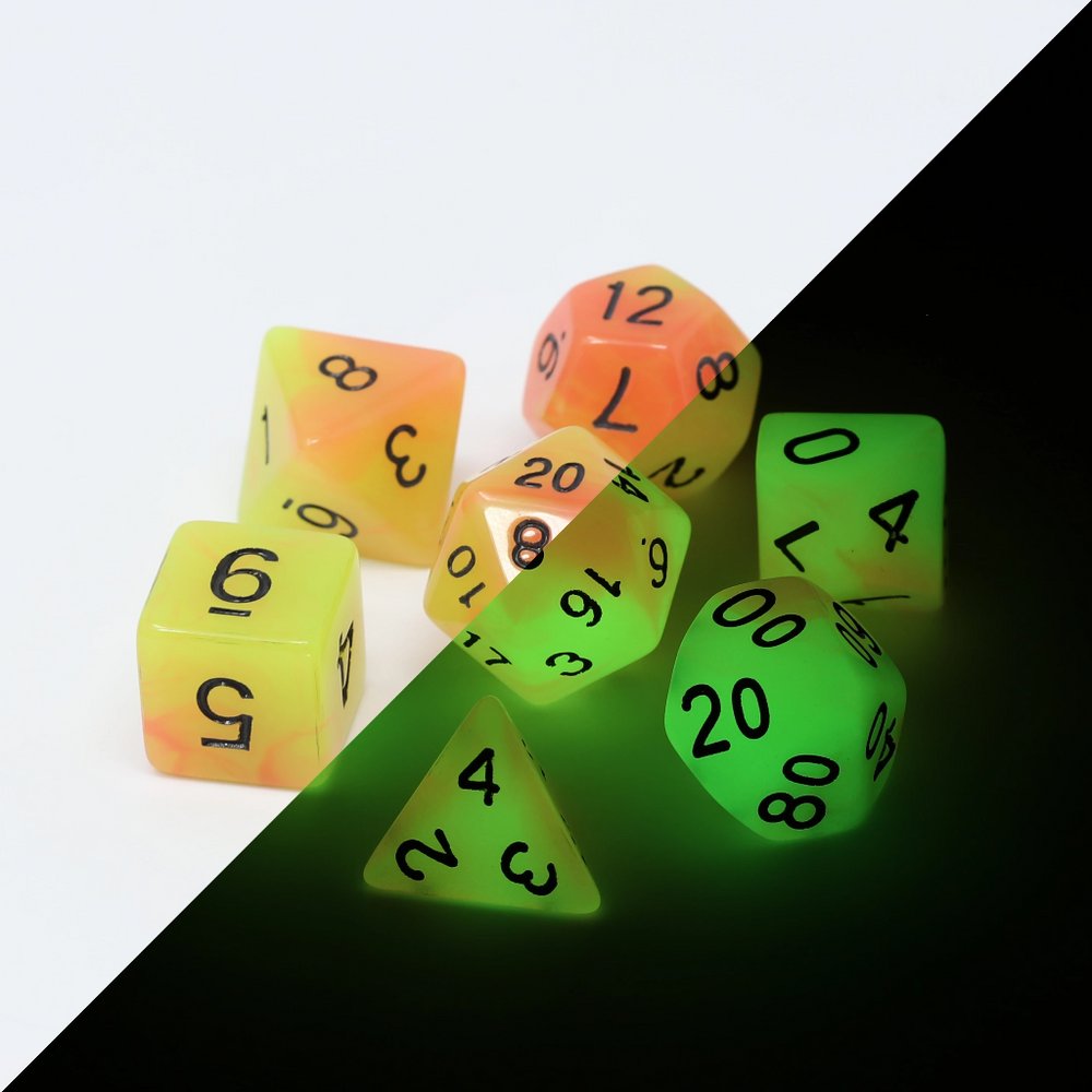 RPG Dice Set (7) - Glow-in-the-Dark Alchemists Fire