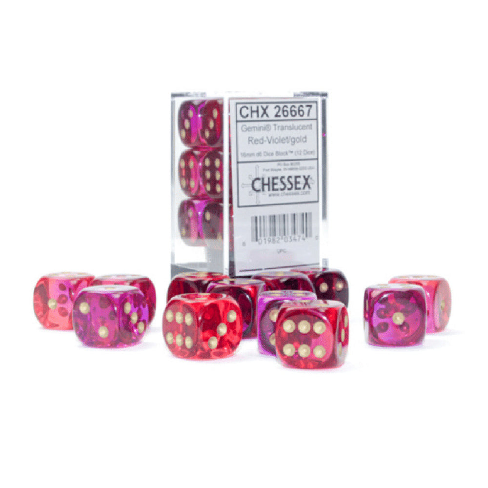 16mm D6 Dice Block (12) - Gemini Translucent Red-Violet/Gold (CHX26667)