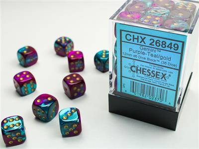 12mm D6 Dice Block (36) - Gemini Purple-Teal w/ Gold (CHX26849)