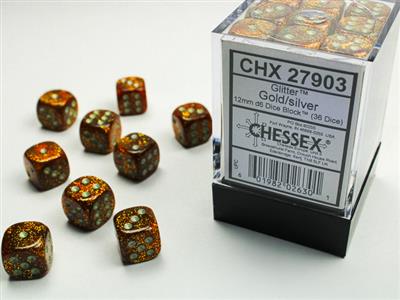 12mm D6 Dice Block (36) - Glitter Gold/Silver (CHX27903)