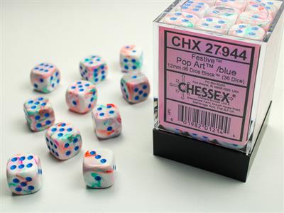 12mm D6 Dice Block (36) - Festive Pop Art w/ Blue (CHX27944)